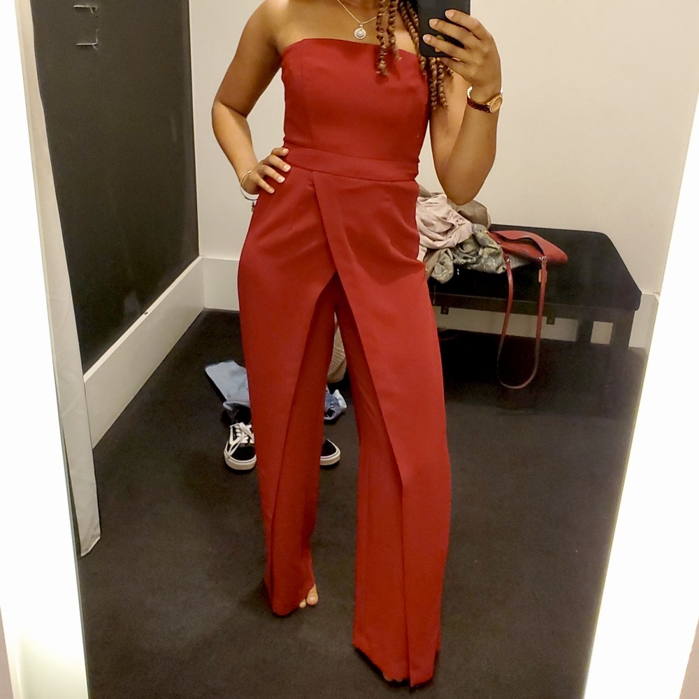 WHBM Dark Red Strapless Wide Leg Jumpsuit